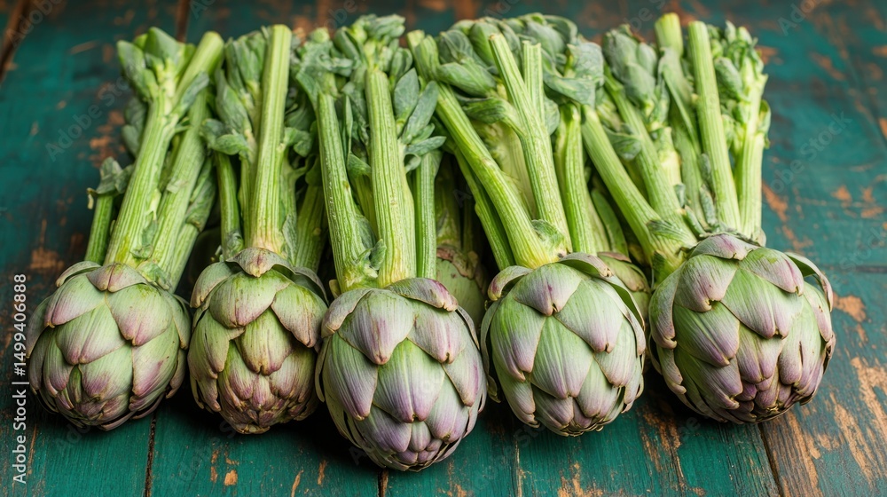 Fresh artichokes arranged on a rustic wooden surface Fresh artichokes arranged on a rustic wooden surface