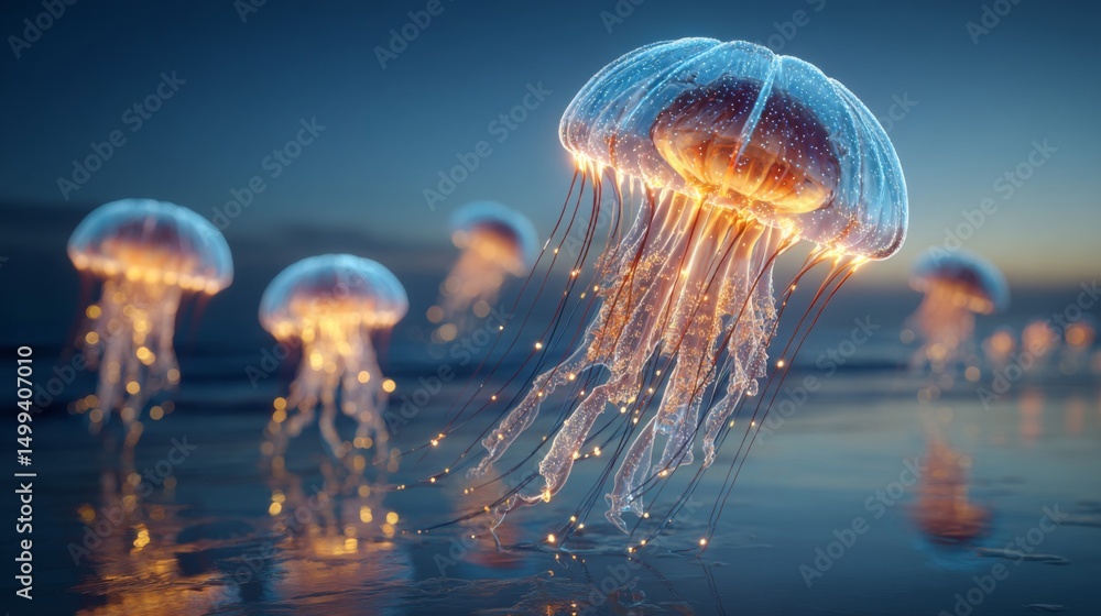 Fototapeta premium Glowing Jellyfish at Sunset Beach