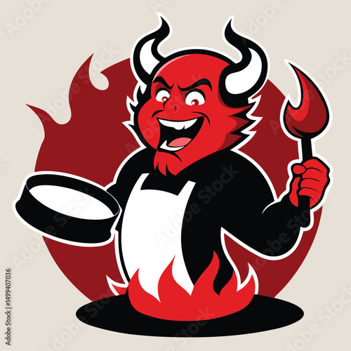 Infernal chef red skinned devil flipping cursed pancakes vector illustration