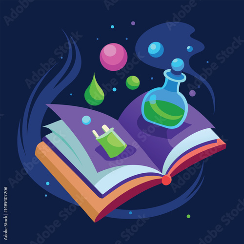 Magic spellbook open with floating potions and stars vector illustration