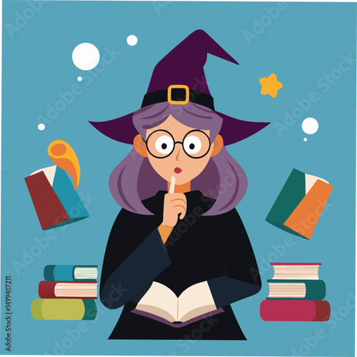 Librarian witch with glasses shushing while casting spell vector illustration