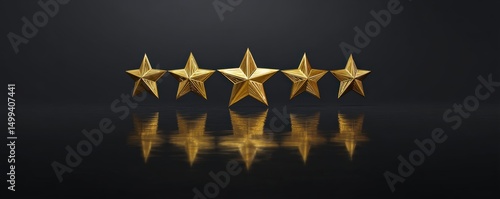 Five golden stars with reflections on a dark surface, symbolizing high quality and excellence.