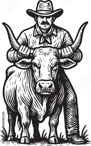 cowboy holding a bull by the horns vector illustration