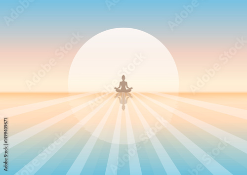 Pastel coloured sunset landscape with female in yoga pose 