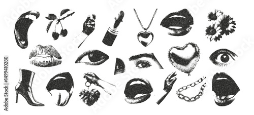 Trendy elements collage in glamour with vintage stipple photocopy texture. Vector eyes, hands, heart-shaped balloon, pendant, eyes, lipstick, daisy.