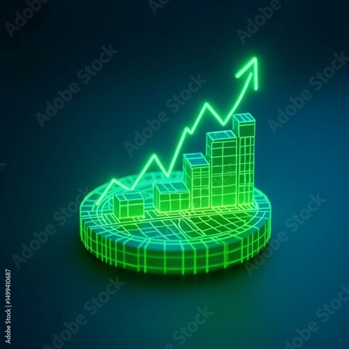 Futuristic Holographic 3D Bar and Line Graph on Circular Grid Platform