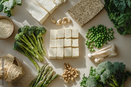 Assorted vegan protein sources and vegetables on a surface for healthy eating, cooking, and dietary needs