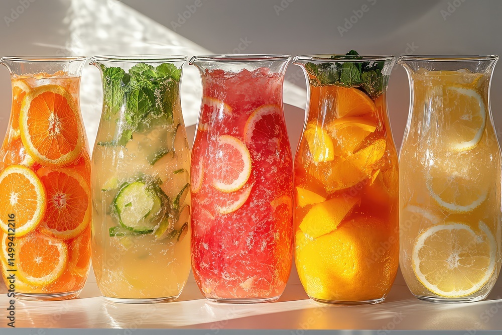 A collection of freshly squeezed juices, including orange, grapefruit, and lemon, A collection of freshly squeezed juices, including orange, grapefruit, and lemon,