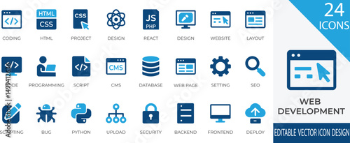 A professional and modern solid icon set for web development and programming concepts. Includes icons for coding, HTML, responsive,  upload, website design and deployment.