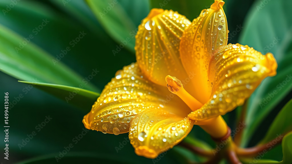 Fototapeta premium Close-up of a vibrant yellow lily flower blooming in nature's garden, showcasing its colorful petals and pollen
