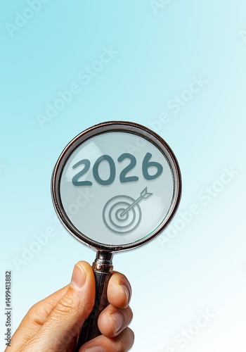 Magnifying glass focus to 2026 target plan. Starting New year with Planning and challenge strategy, business countdown, financial market analysis, Success in 2026