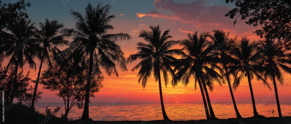 Naklejka premium Silhouette Palm Trees at Orange Sunset Beach