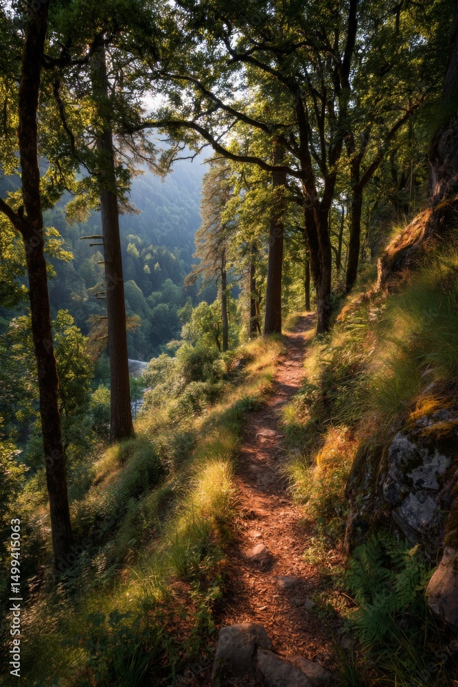 Obraz premium Sunlit Forest Path Leading to River Valley