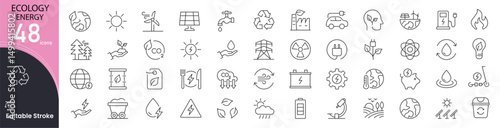 Ecology and energy related icons set. Including sustainability, recycling, green, power, solar, nature, and eco. Editable stroke. outline icons.