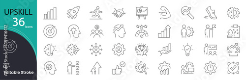 Upskill related icons set. Including training, learning, development, knowledge, growth, course, and workshop. Editable stroke. outline icons.