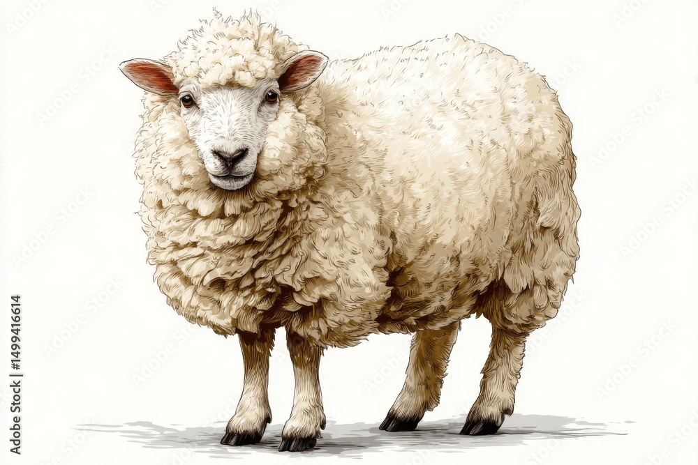Fototapeta premium Fluffy White Sheep Standing Against White Background