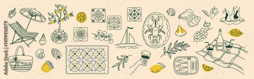 Italian Amalfi summer vacation doodle style illustrations. Elegant line doodles of lemons, wine and food elements, lemon tree, ceramic tiles, and cocktail glass. Sea weekend rest prints for invitation