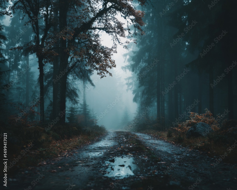 Obraz premium Moody Forest Path in Autumn Mist