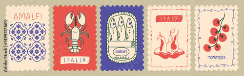 Summer Italy. Amalfi. Vector illustration of postage stamps. Features Mediterranean food like lobster, sardines, pears and tomatoes. Ideal for prints, posters, or placards.