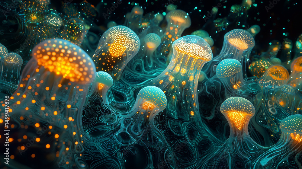 Obraz premium A swarm of glowing orange and blue jellyfish drifting through a dark ocean environment, captured in a surreal and bioluminescent fantasy art style. Ideal for science, nature, or fantasy-themed designs