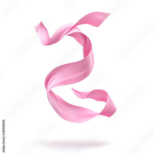 Soft pink ribbon floating in air in twisted loop shape against white background, showing gentle curves and fabric texture.