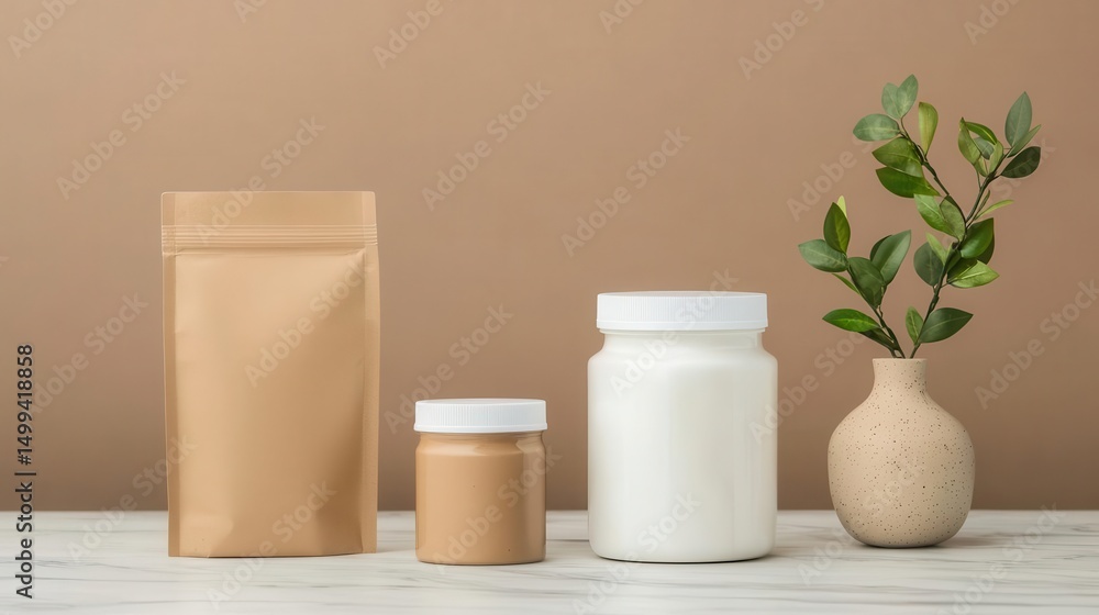 Sustainable minimalist packaging set on a marble table Sustainable minimalist packaging set on a marble table