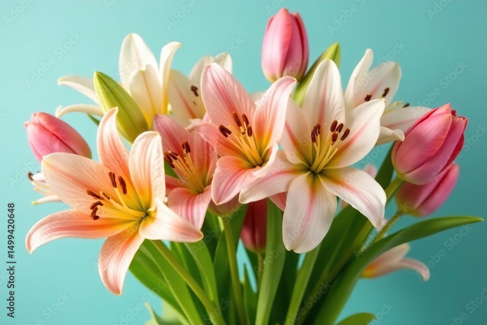Fototapeta premium Vibrant Easter lilies and tulips in a spring bouquet , daffodils, botany, Easter