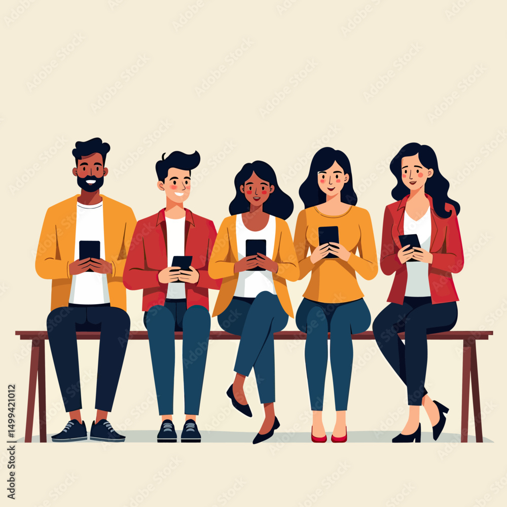 Obraz premium Flat Illustration of Multiple People Sitting Together Yet Isolated by Their Phones, Representing Digital Disconnection and Modern-Day Alienation in Urban Life 