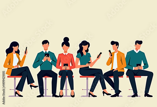 Minimalist Vector Scene Showing a Row of Individuals Absorbed in Their Smartphones Without Eye Contact, Highlighting the Theme of Technology-Induced Isolation
