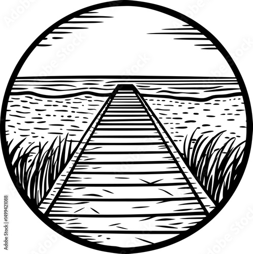 Wooden boardwalk leading to tranquil beach ocean waves, coastal scenery in circular design