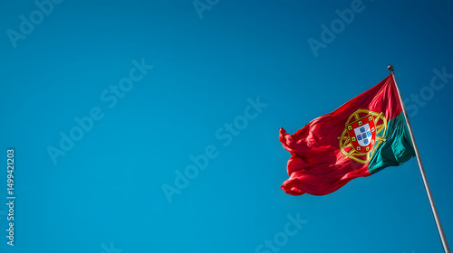 Portugal flag on a blue sky background, Portugal Day, banner with space for text