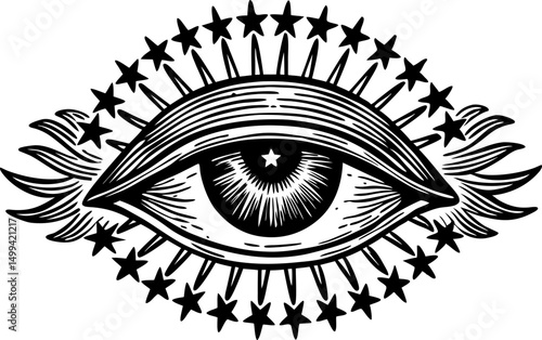 Mystical eye with stars and rays symbol of vision and enlightenment