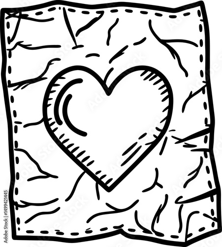 crinkled paper with heart drawing hand drawn art design, love symbol, sketch illustration
