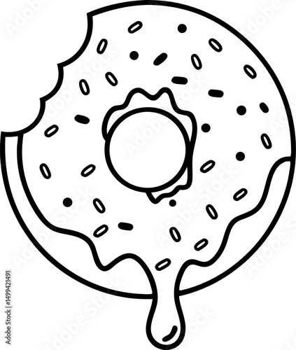 outlined donut with sprinkles and bite mark sweet dessert, classic treat illustration, simple line art