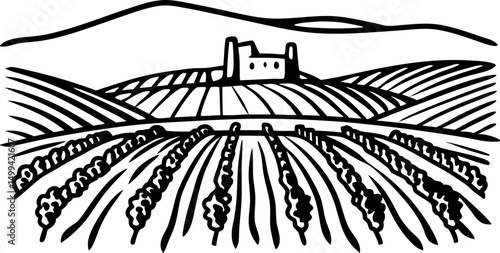 Vineyard landscape with hillside and fortress in countryside black and white illustration