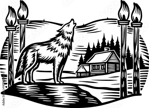 howling wolf in rustic landscape with cabin and forest, surrounded by wooden torches