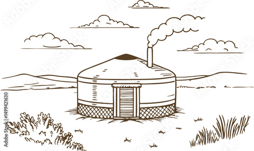traditional mongolian yurt in a vast landscape with clouds and smoke from chimney