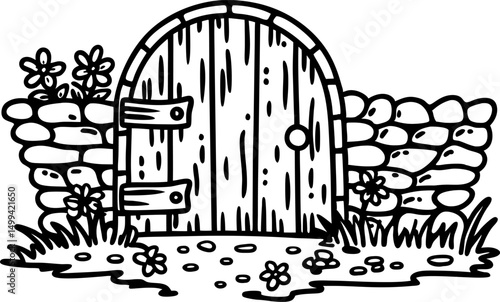 charming garden gate and stone wall with flowers rustic wooden door, nature scene, cozy outdoor setting
