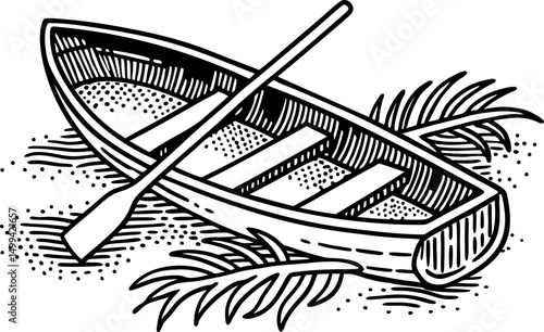 wooden rowboat illustration with paddle on sandy beach, retro nautical design