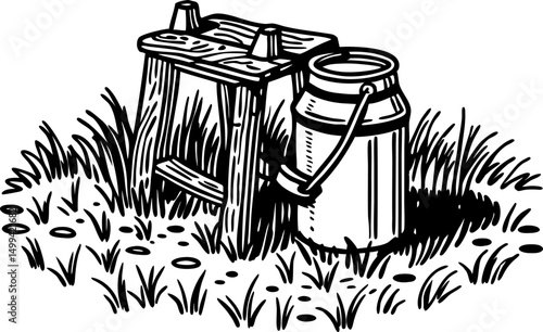 Rustic milk can and wooden stool on grass, vintage farmyard scene sketch