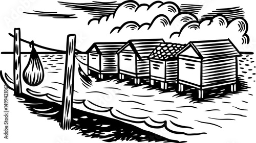 Rustic fishing village huts on stilts over water, traditional coastal scene in black and white art