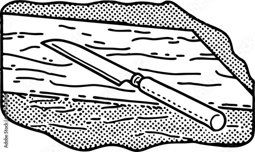 Vintage comic knife illustration on textured wooden background