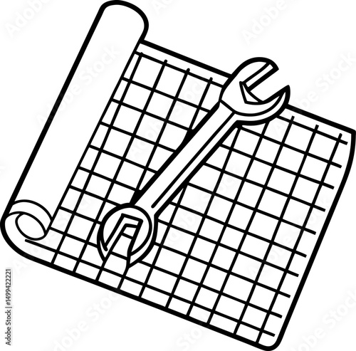 Blueprint with wrench on grid background symbolizing engineering and architecture design