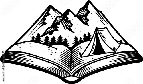 Open book with tent and mountains illustration camping, adventure, nature, outdoor exploration