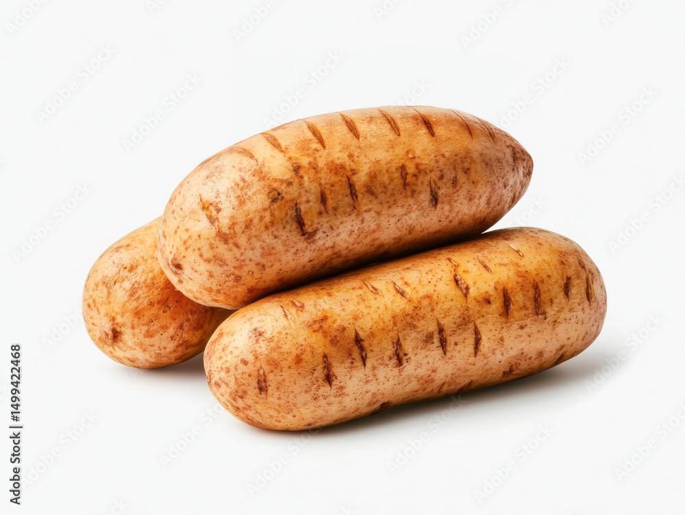 Three grilled sausages arranged beautifully on a white background. Three grilled sausages arranged beautifully on a white background.