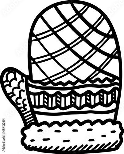 decorative oven mitt illustration black and white line art, cozy kitchen accessory with patterns