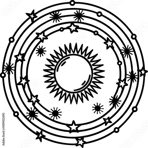 sun and stars celestial mandala with planetary orbits and cosmic symbols