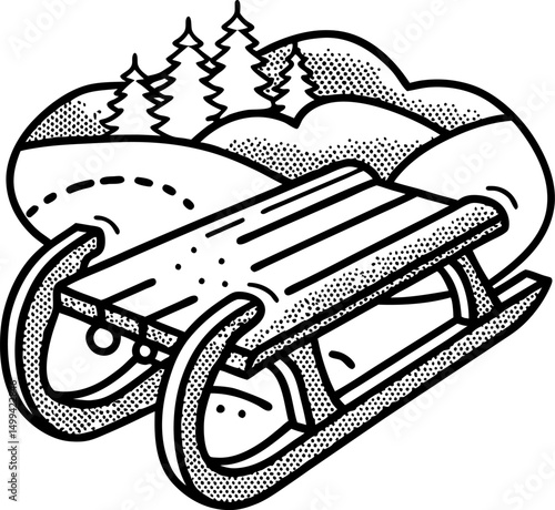 Vintage winter sled illustration with snowy landscape and trees in black and white design