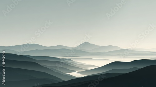 Tranquil Layered Mountain Landscape with Soft Mist and Hazy Atmosphere