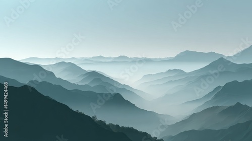 Peaceful Mountain Landscape with Layered Haze and Gentle Dawn Light